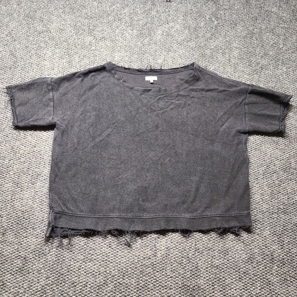 True Craft Womens Gray Acid Wash Short Sleeve Raw Hem Boxy Sweatshirt Size M